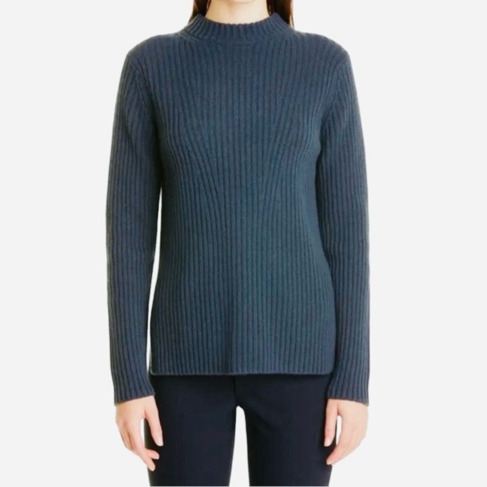 Vince Dark Teal Cashmere Wool Ribbed Mock Neck Tunic Sweater Size S